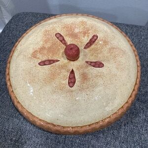 Vintage Ceramic cherry Pie Dish with Lid - Cream, brown and red